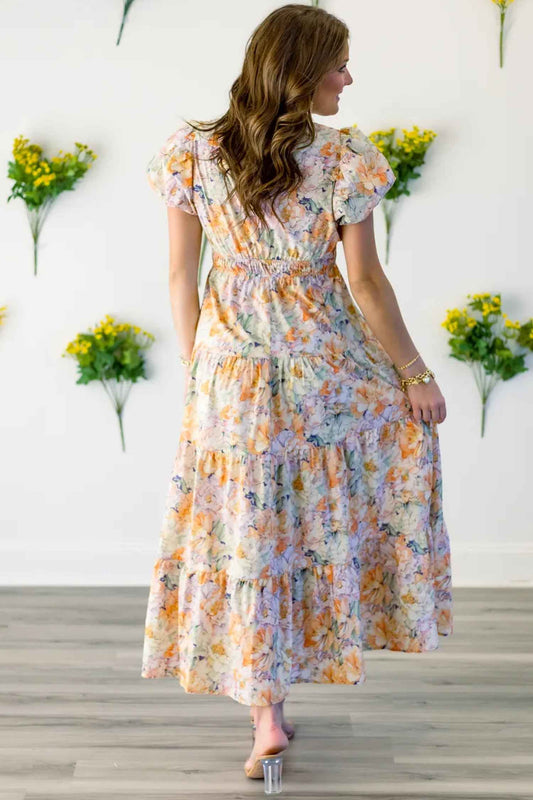 Orange Floral Bubble Sleeve V Neck Flared Maxi Dress