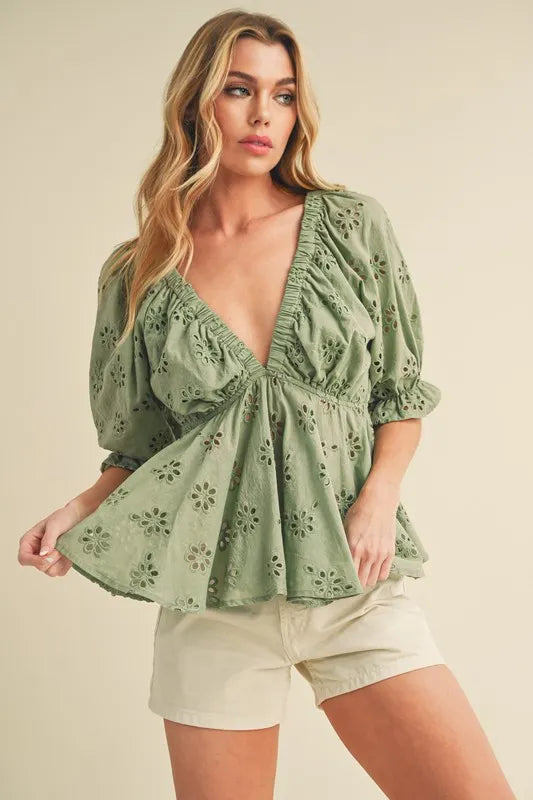 Aemi + Co Eyelet Embroidered V-Neck Half Sleeve Peplum Blouse