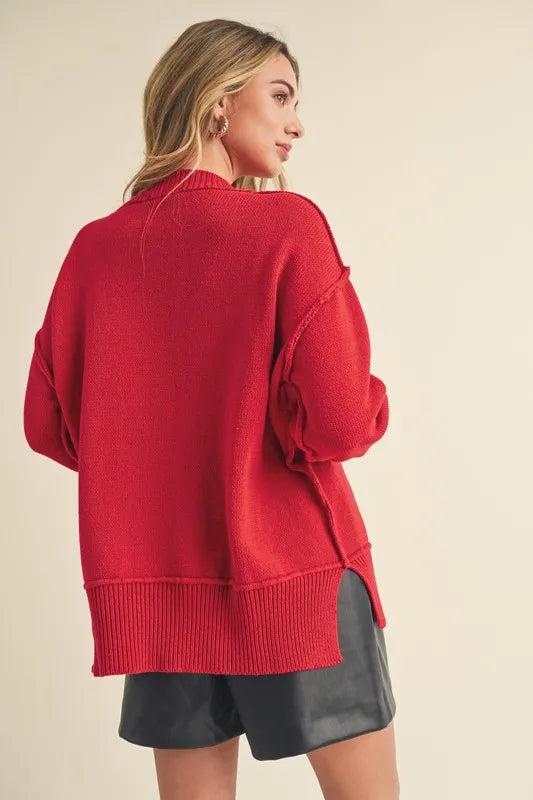 Aemi+Co Ribbed Hem Side Slit Round Neck Sweater