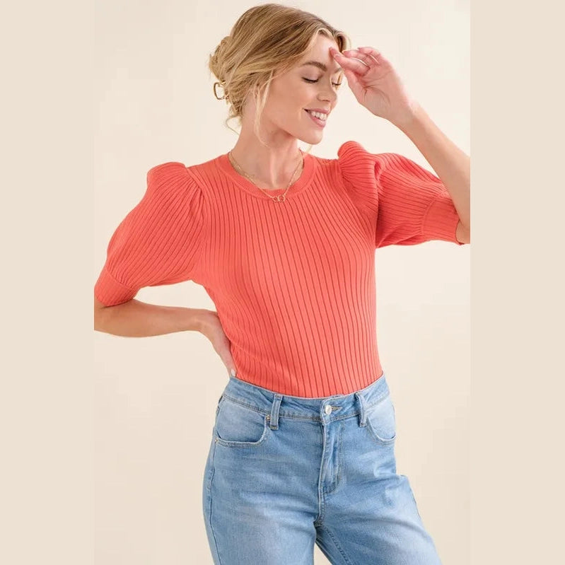 And The Why Puffed Half Sleeve Rib Basic Bodysuit
