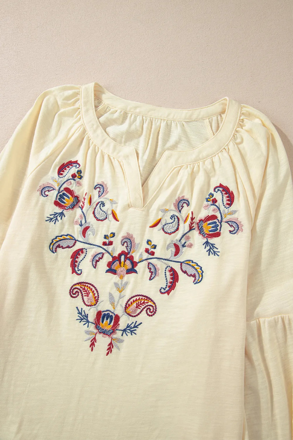 Embroidered Butter Notched Long Sleeve Blouse