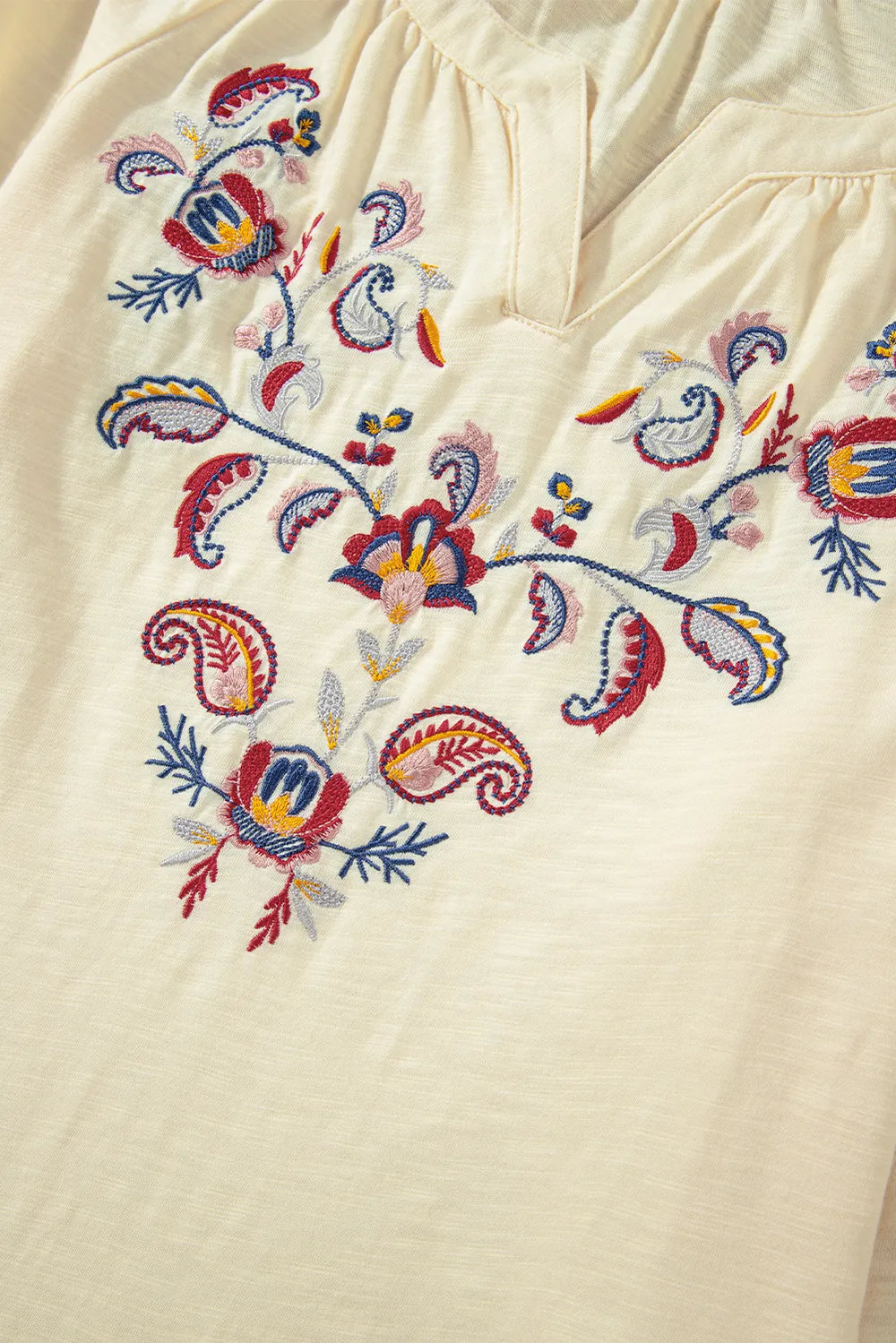 Embroidered Butter Notched Long Sleeve Blouse