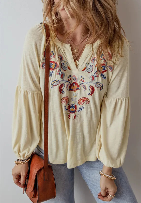 Embroidered Butter Notched Long Sleeve Blouse