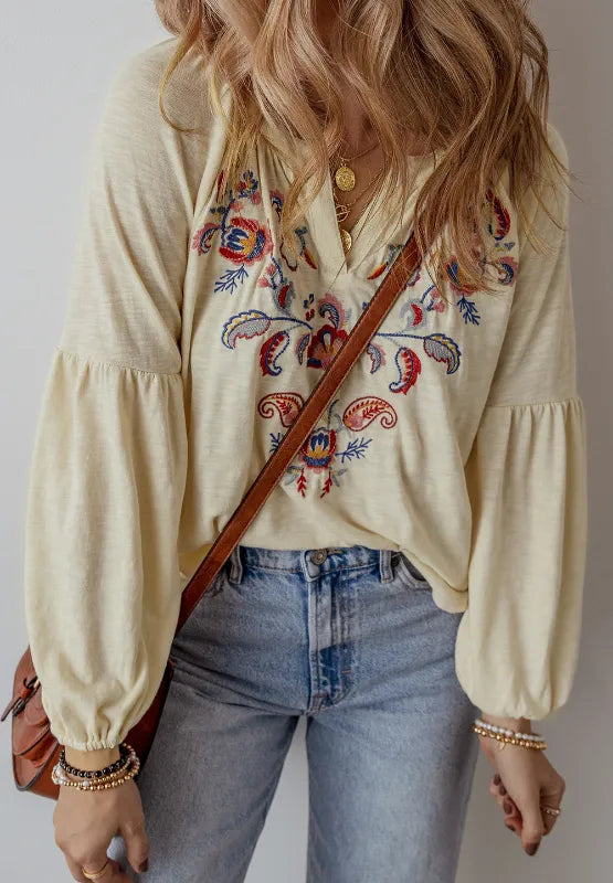 Embroidered Butter Notched Long Sleeve Blouse