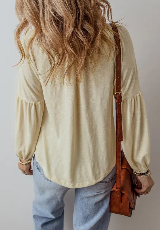 Embroidered Butter Notched Long Sleeve Blouse