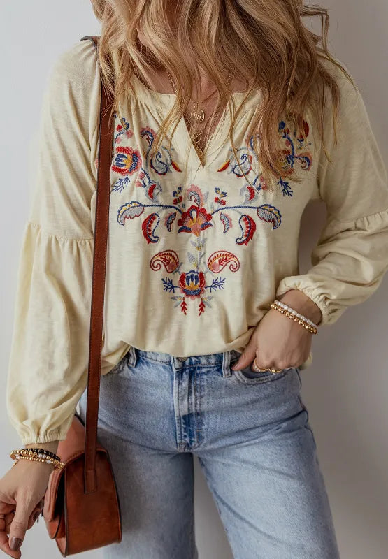 Embroidered Butter Notched Long Sleeve Blouse
