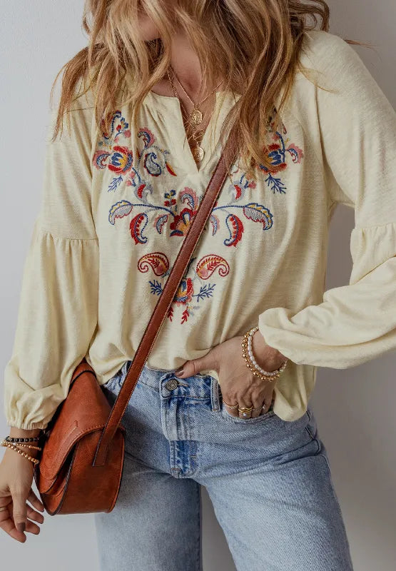 Embroidered Butter Notched Long Sleeve Blouse