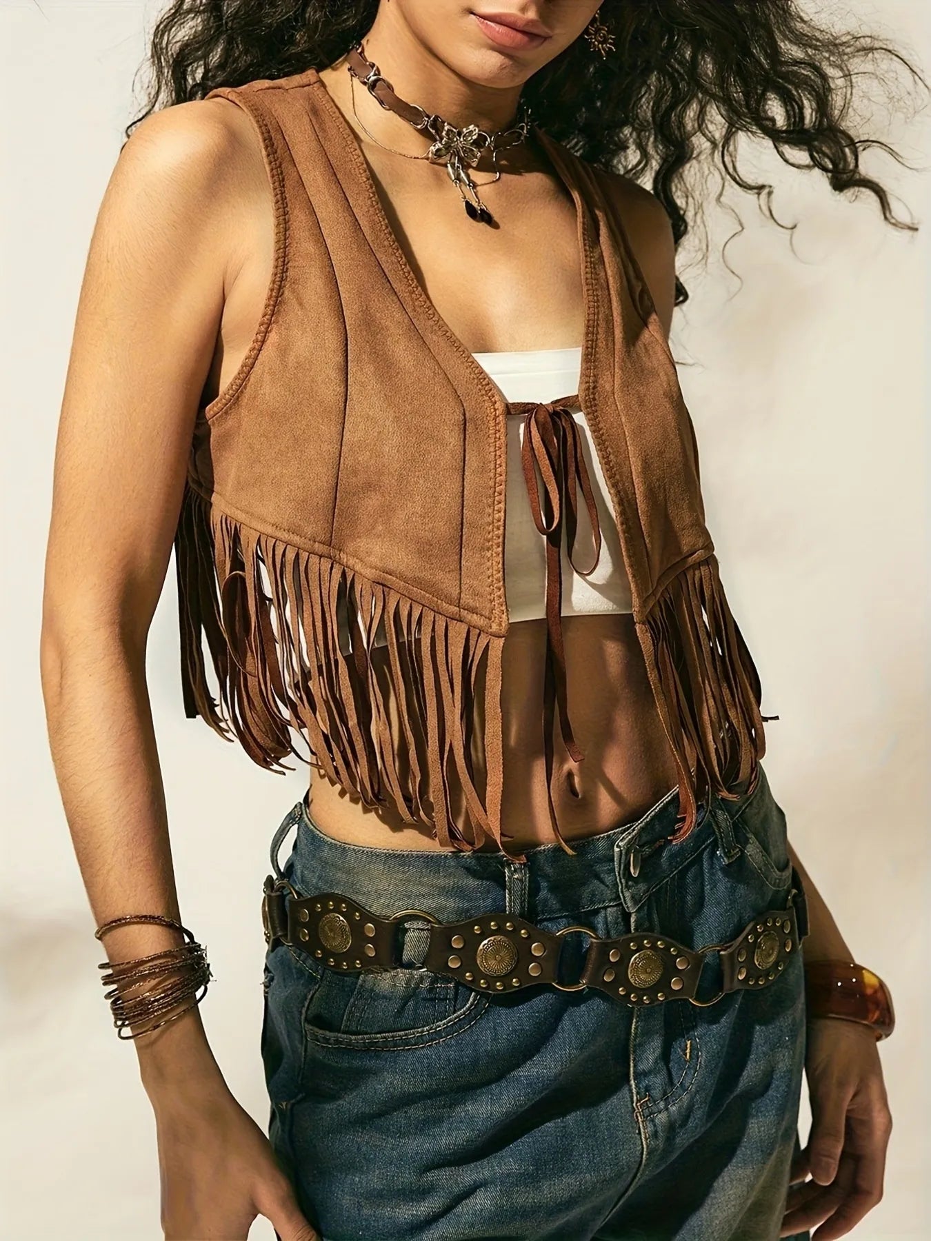 Fringe Vest Coat with Tie Front