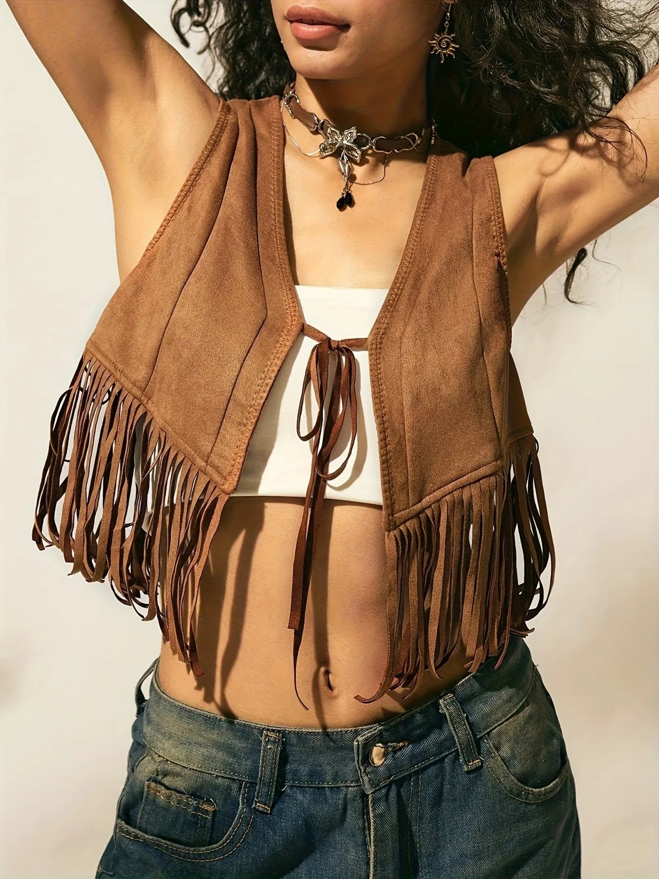 Fringe Vest Coat with Tie Front