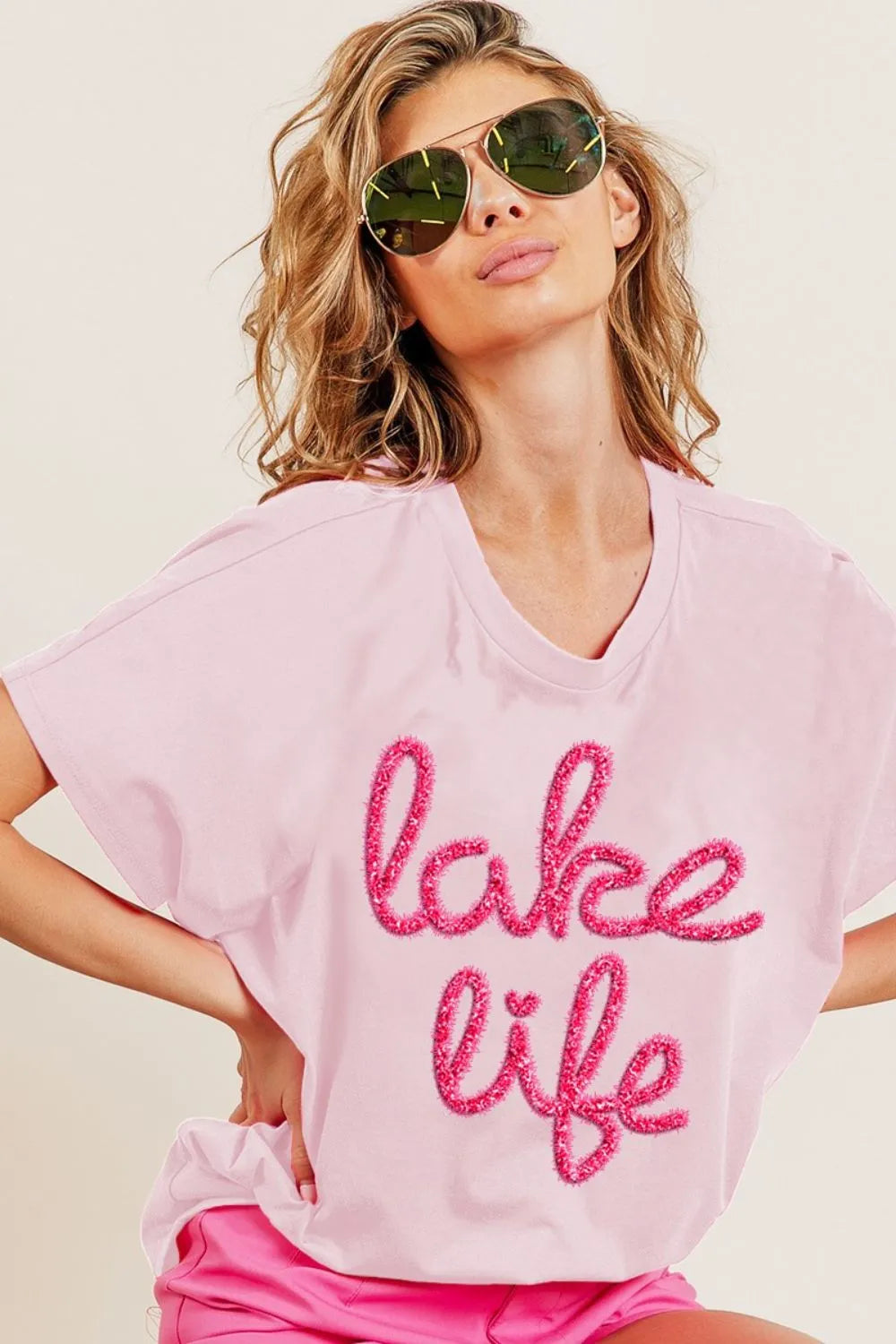 Lake Life Cottage T Shirt, BiBi Metallic Letter Short Dolman Sleeve Top