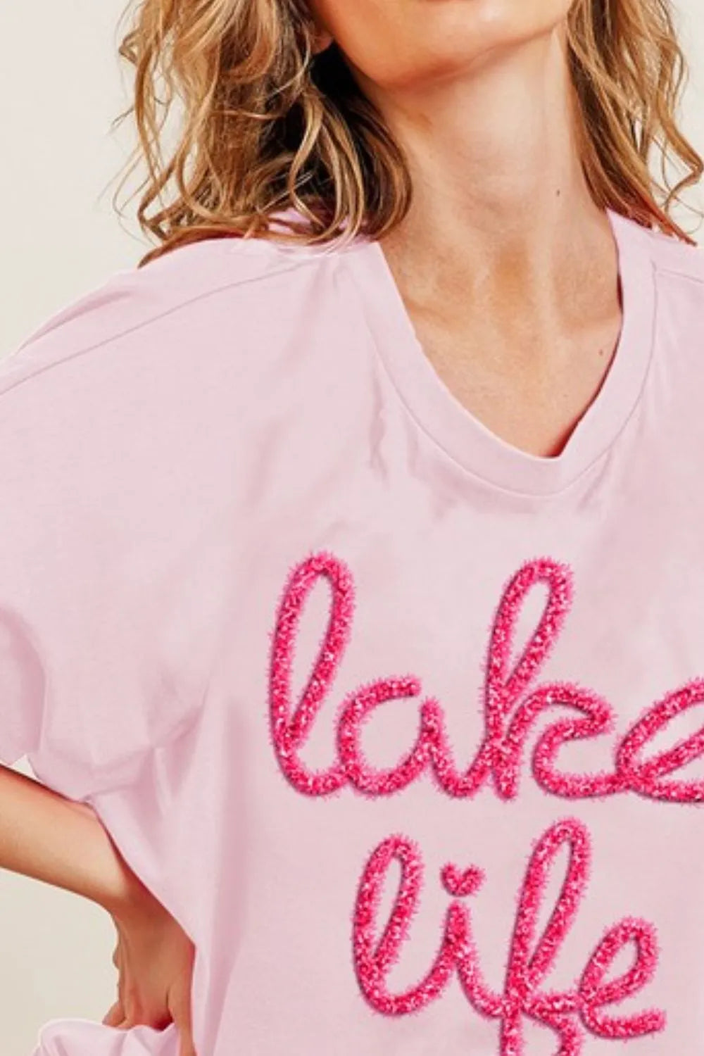 Lake Life Cottage T Shirt, BiBi Metallic Letter Short Dolman Sleeve Top
