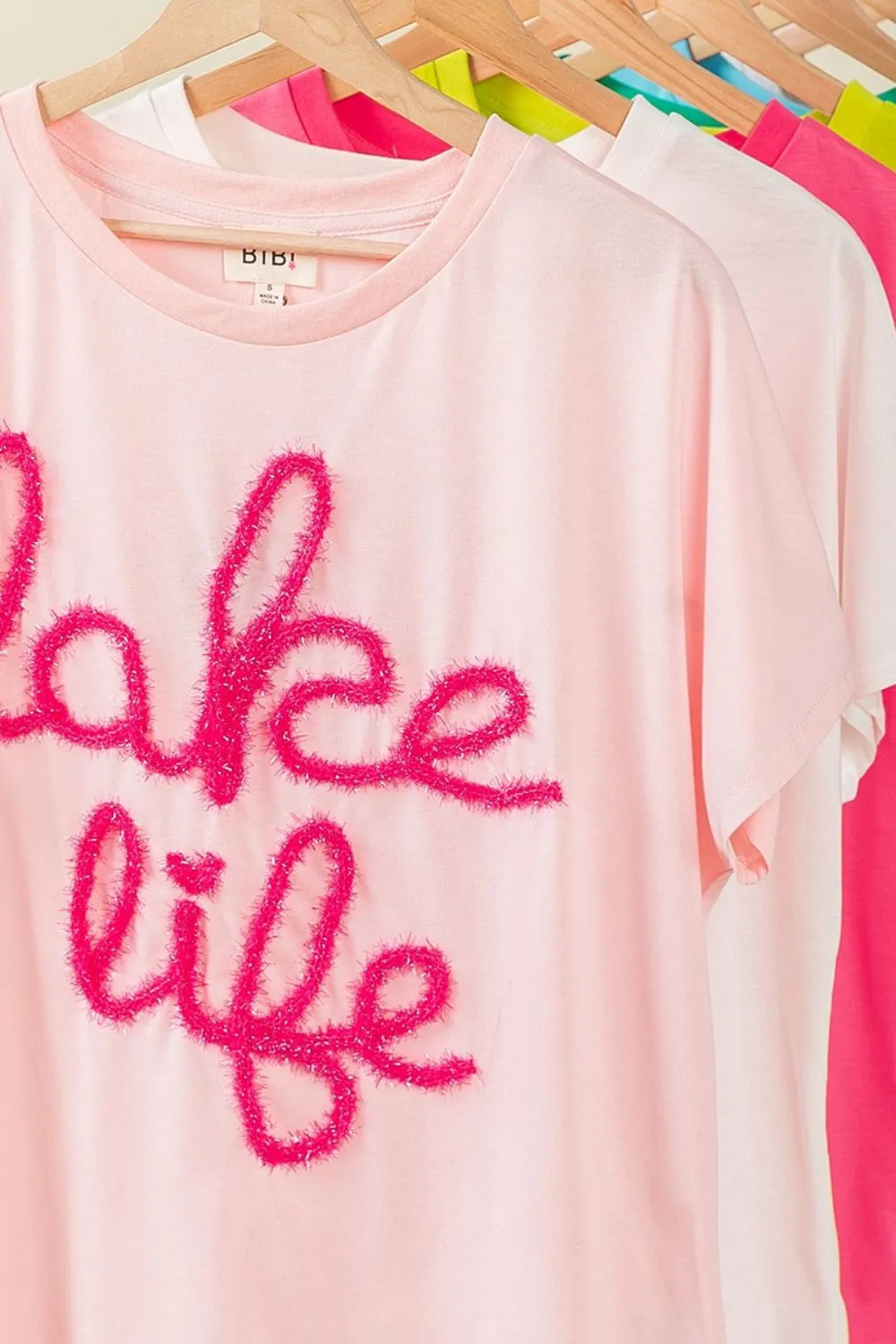 Lake Life Cottage T Shirt, BiBi Metallic Letter Short Dolman Sleeve Top