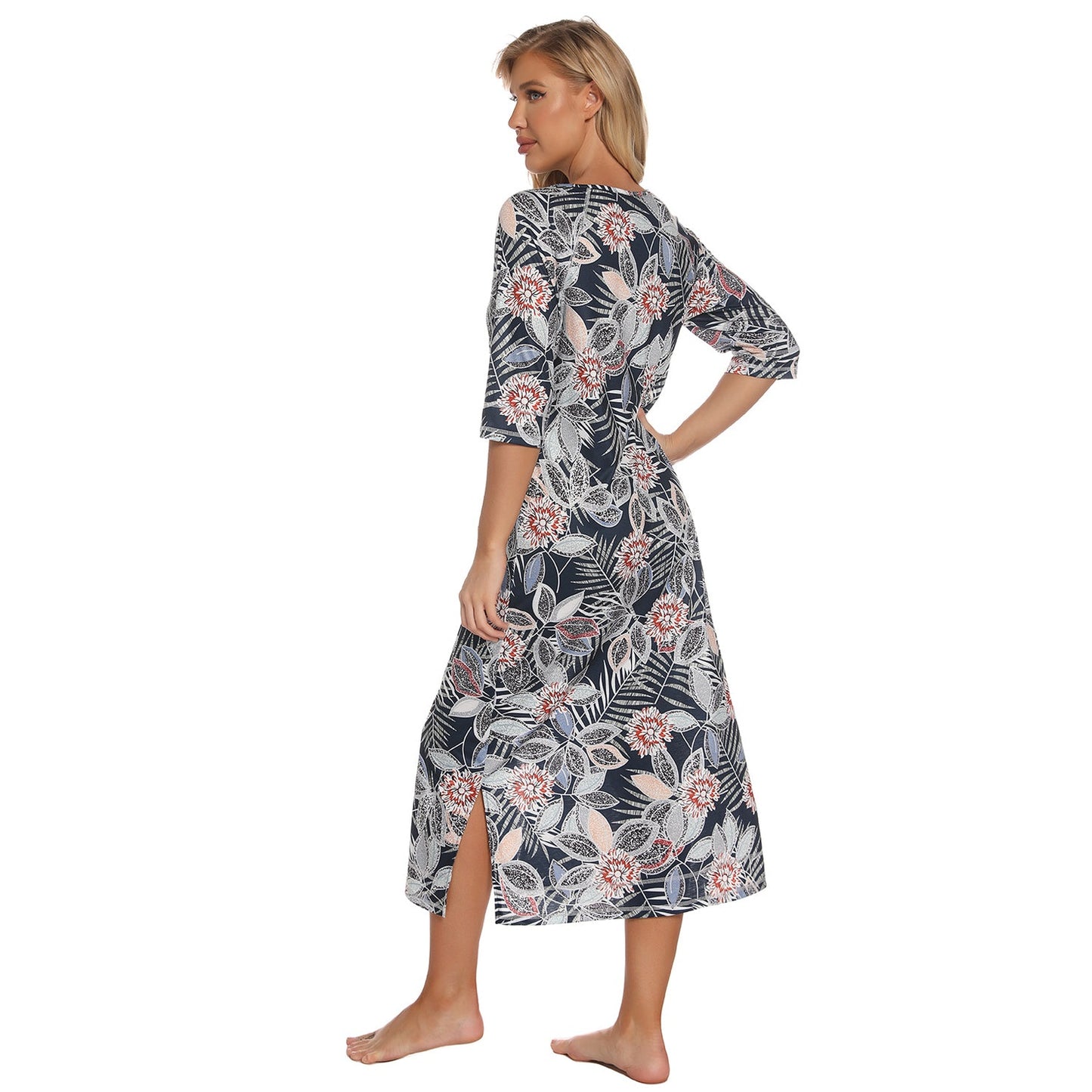 Printed Slit Night Dress with Pockets