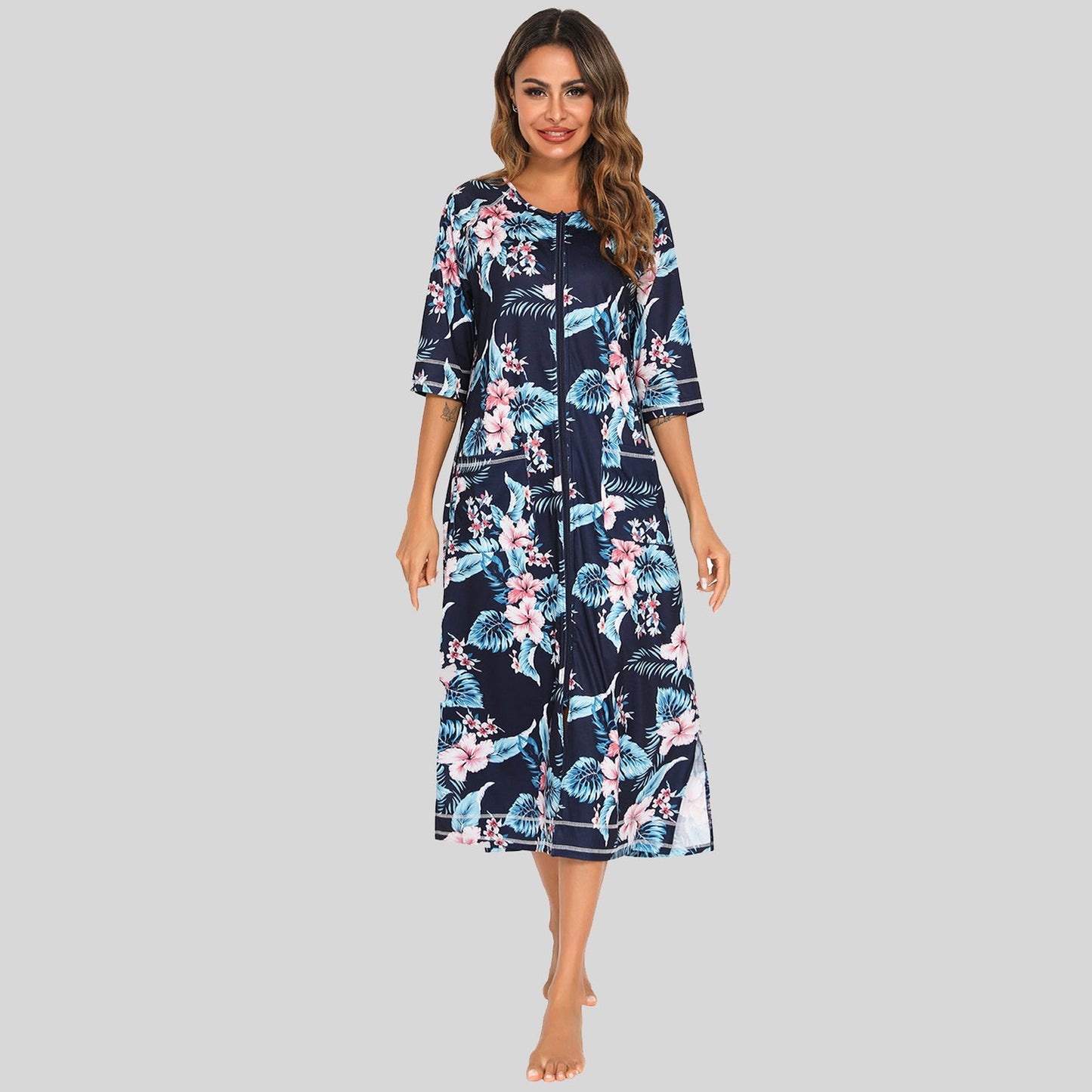 Printed Slit Night Dress with Pockets