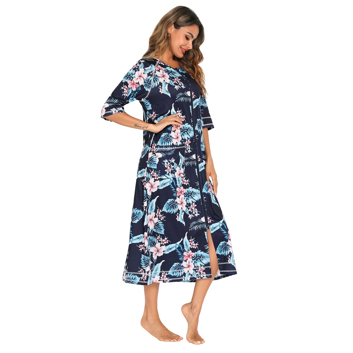 Printed Slit Night Dress with Pockets