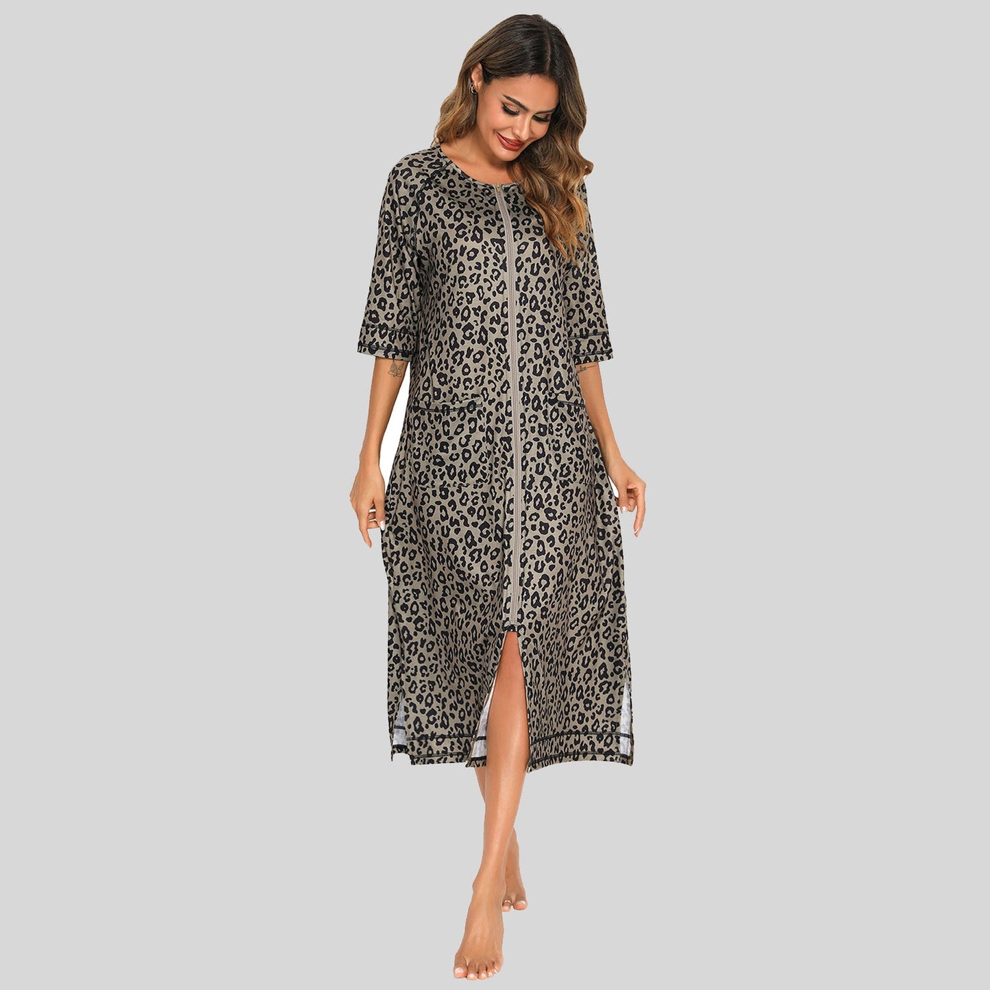 Printed Slit Night Dress with Pockets