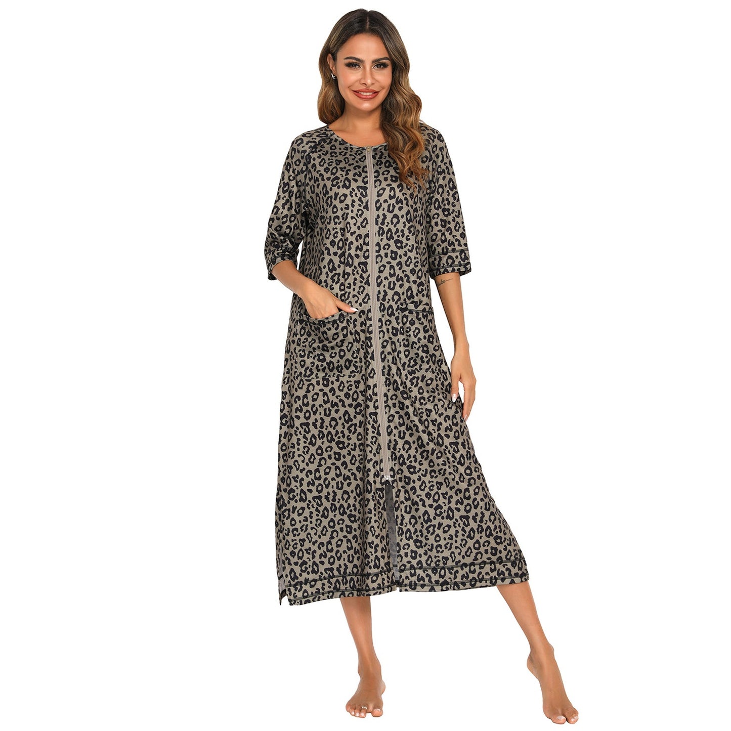 Printed Slit Night Dress with Pockets