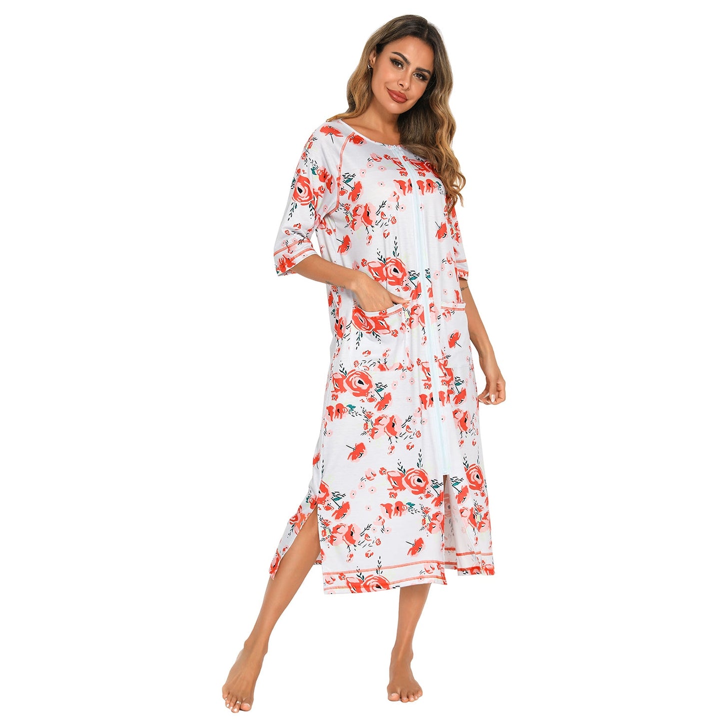 Printed Slit Night Dress with Pockets
