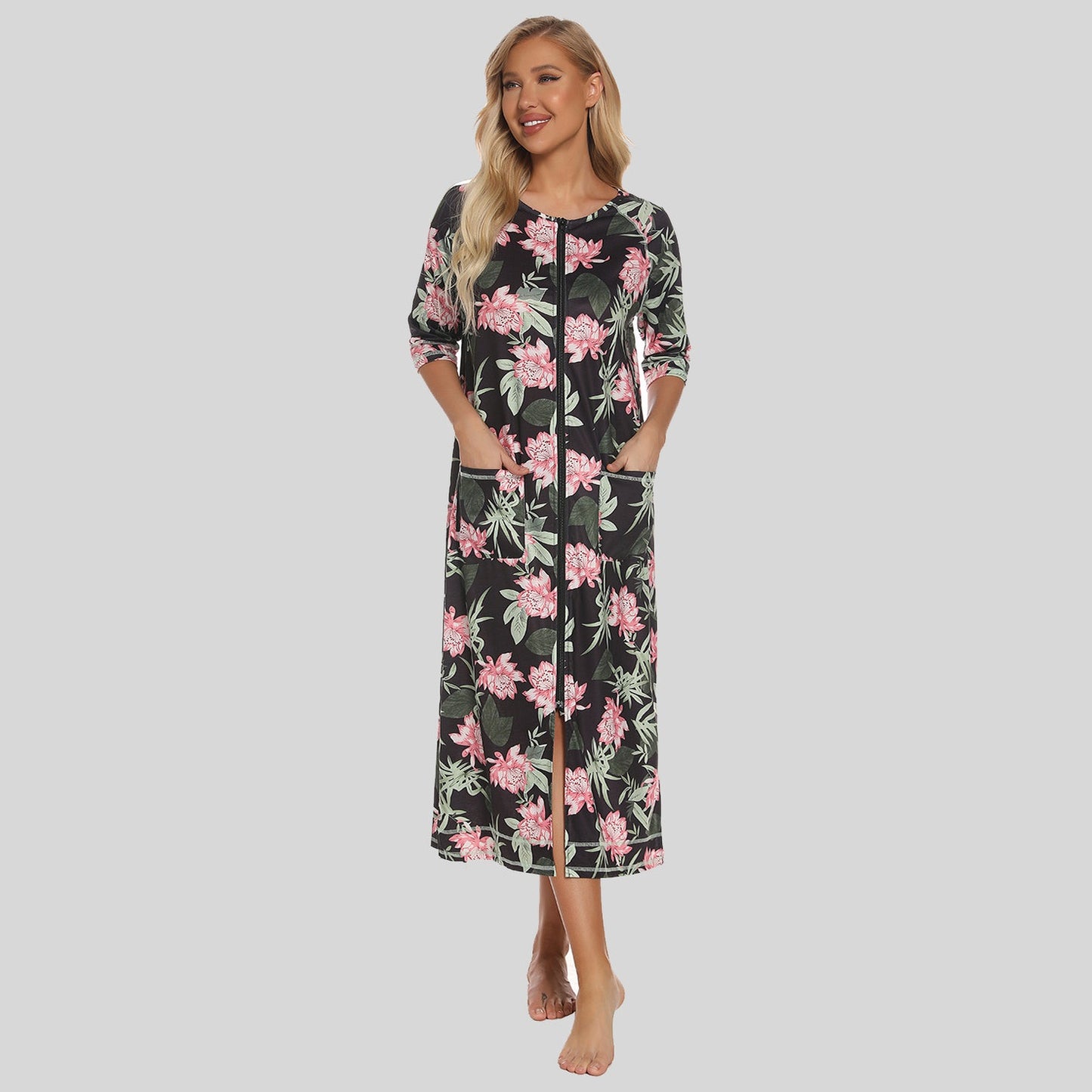 Printed Slit Night Dress with Pockets