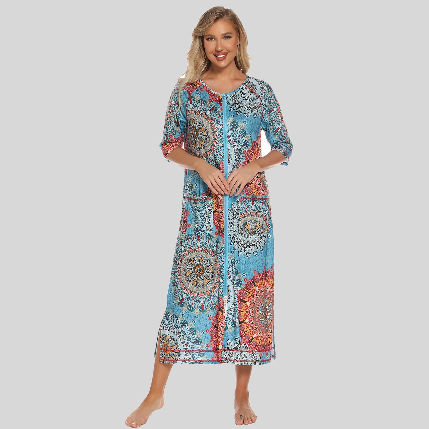 Printed Slit Night Dress with Pockets