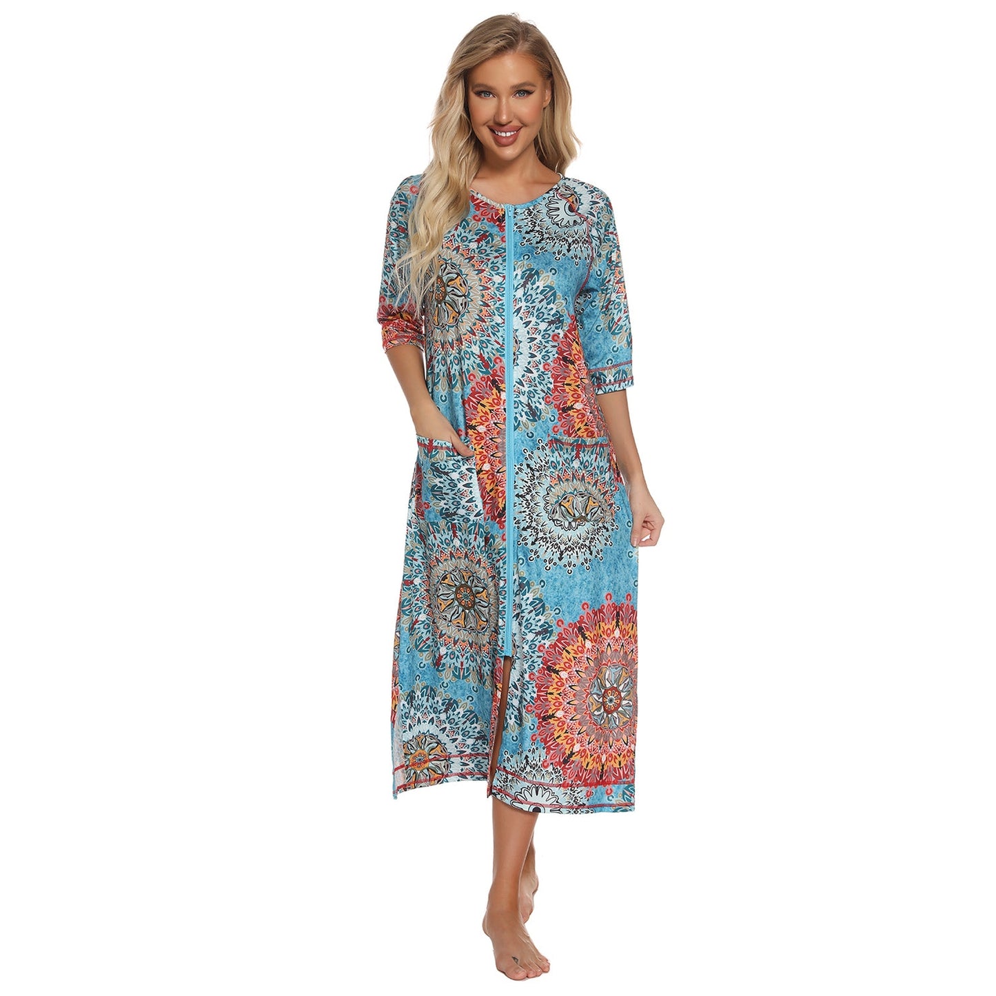 Printed Slit Night Dress with Pockets