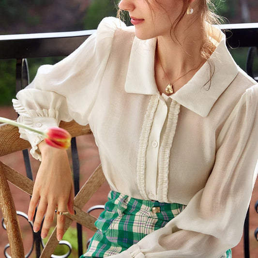 OLrain Puff Sleeve Shirt Women Autumn 2026 Elegant Solid Long Sleeve Tops Pleats Button Lightweight Ladies Blouse O21QC52660 - Mod Yours