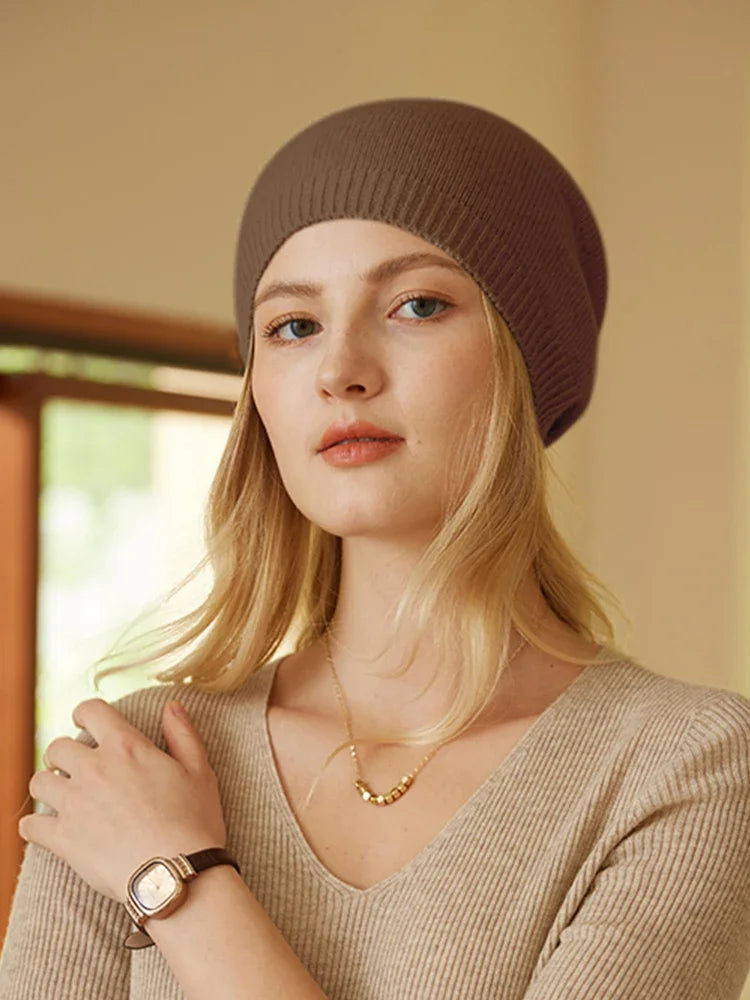 100% Cashmere Beanies Ribbed Hem Women Unibody Caps Knit to Shape Hat Autumn Winter Basic Real Cashmere Warm Hair Bonnet 2023