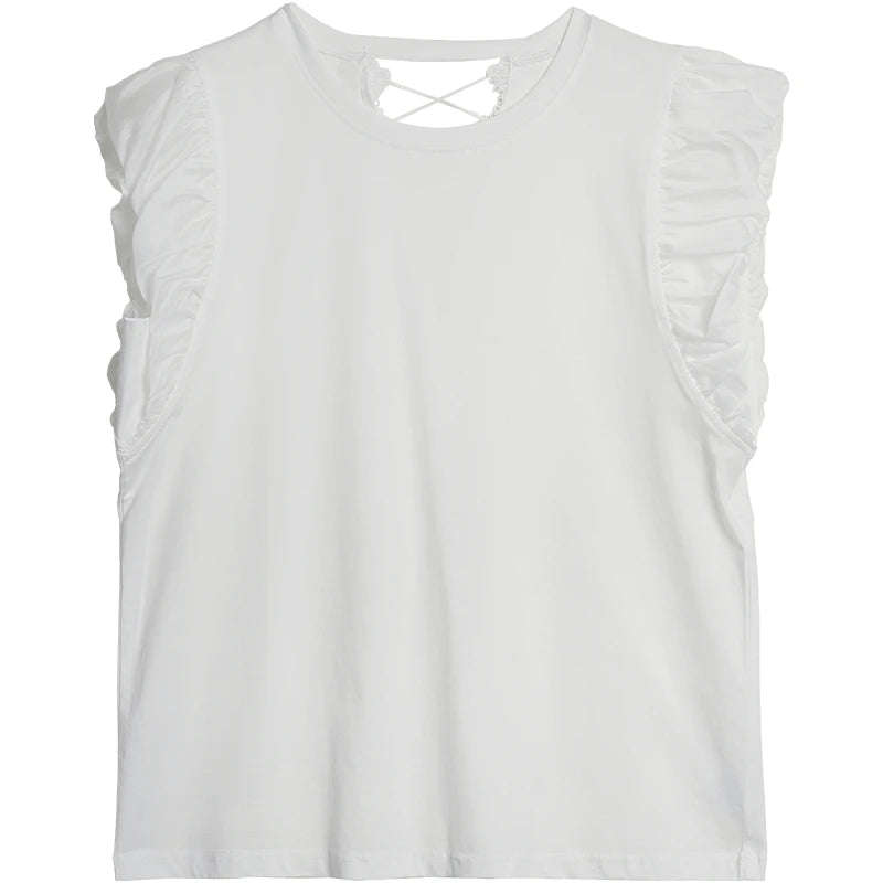 OLrain French Casual Crew Neck Short Sleeve T-Shirt Women 2026 Spring New Fashion Backless Cut Out Lace Trim Top O57XT99198 - Mod Yours