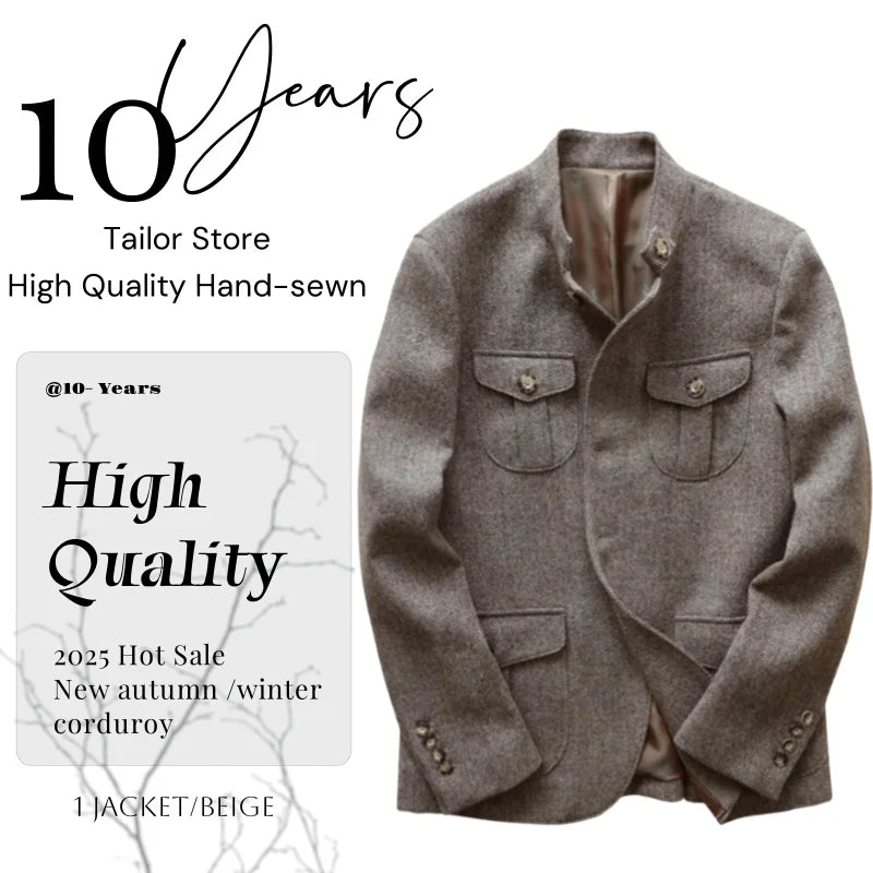 Vintage British Herringbone Tweed Tweed Hunting Casual Stand Collar Multiple Pockets Jacket Men's Suit Thick Everyday Blaze