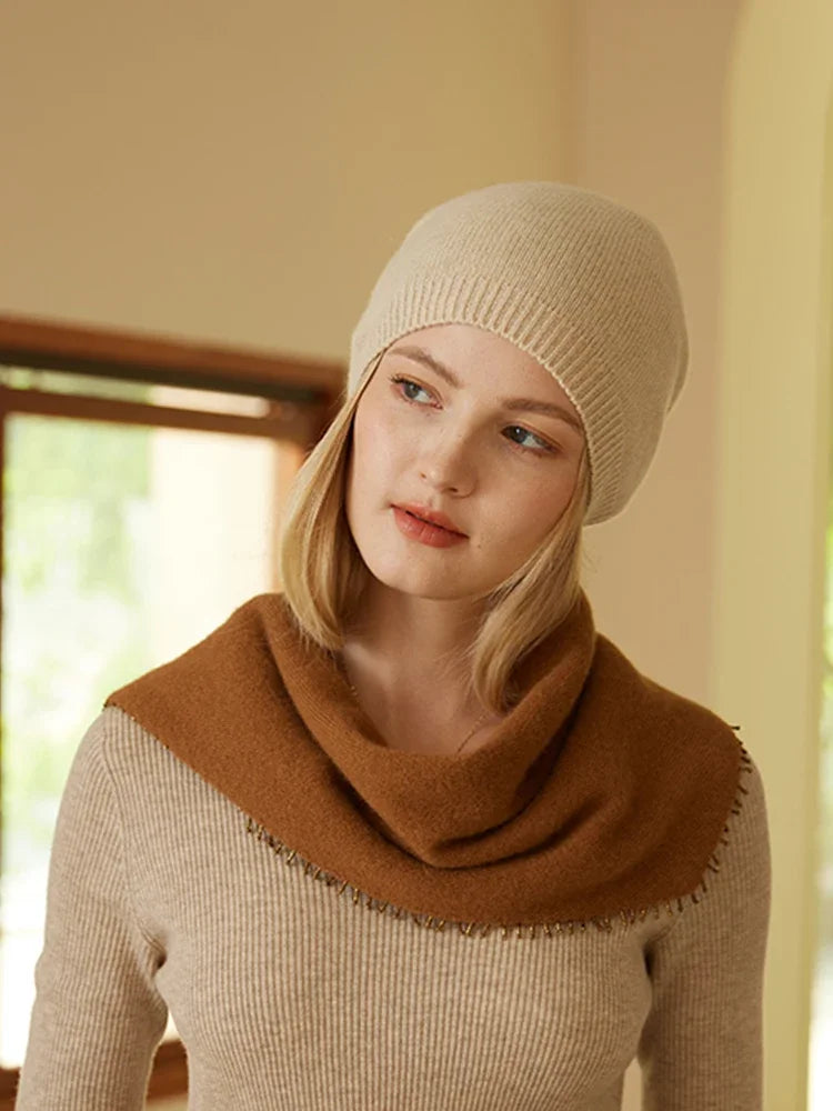 100% Cashmere Beanies Ribbed Hem Women Unibody Caps Knit to Shape Hat Autumn Winter Basic Real Cashmere Warm Hair Bonnet 2023