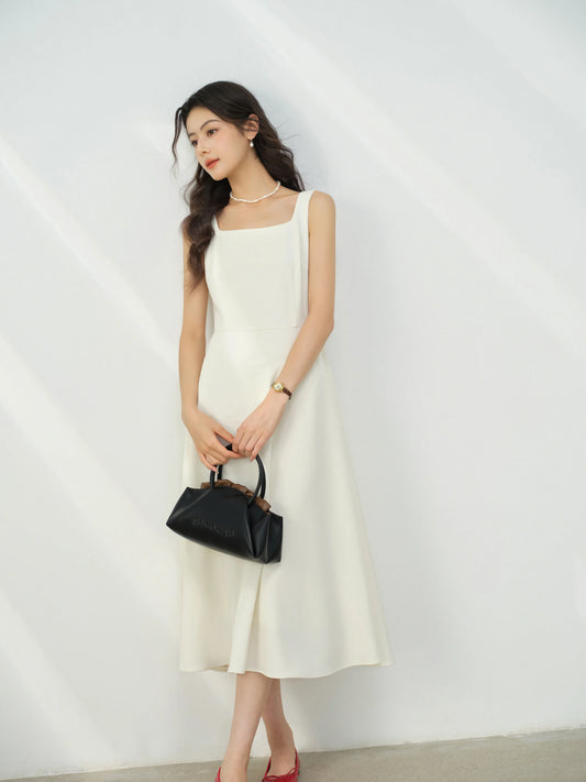 Elegant White Maxi Dress Square Neck Sleeveless Long Dress Summer Slim Fit Waist Dress for Petite Women Hepburn Style Fashion - Mod Yours
