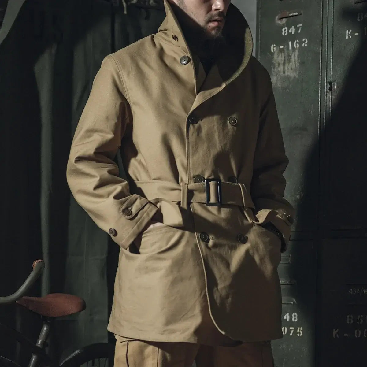 Rugged Bronson 1938 Mackinaw Coat with Woolen Lining Winter Heavy-Duty Men's Parka worn by a model in a vintage setting.