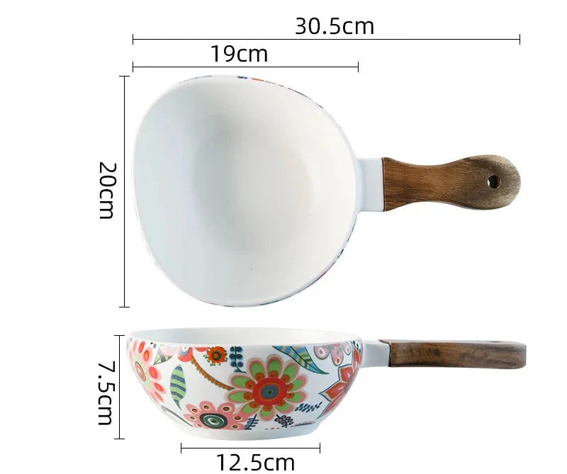 Measurement chart of a ceramic bowl with wooden handle on a white background