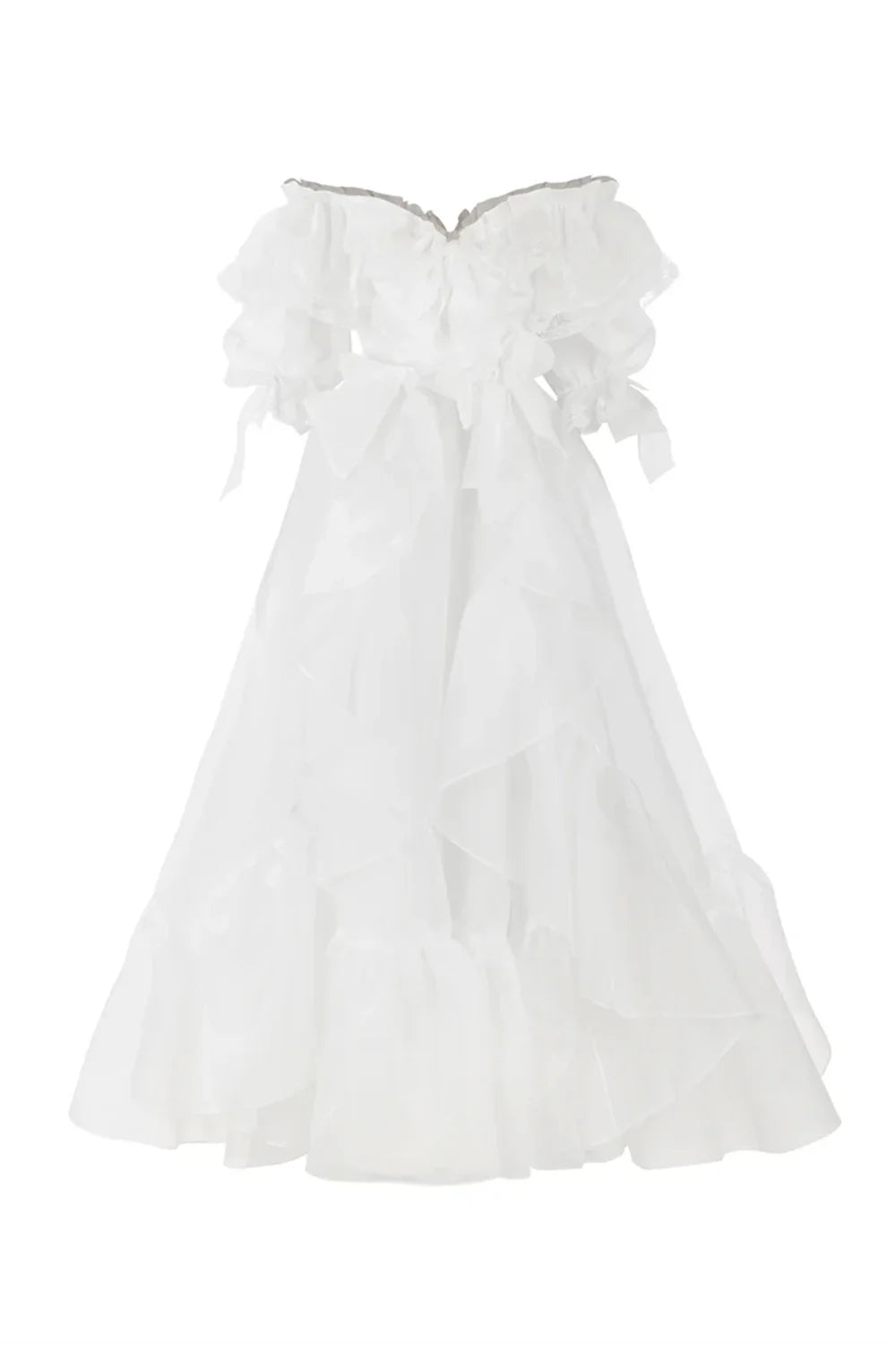 Sansa Organza White Puff Sleeve Dress, Sweet Edge Curl Organza Party Dresses Floor-length