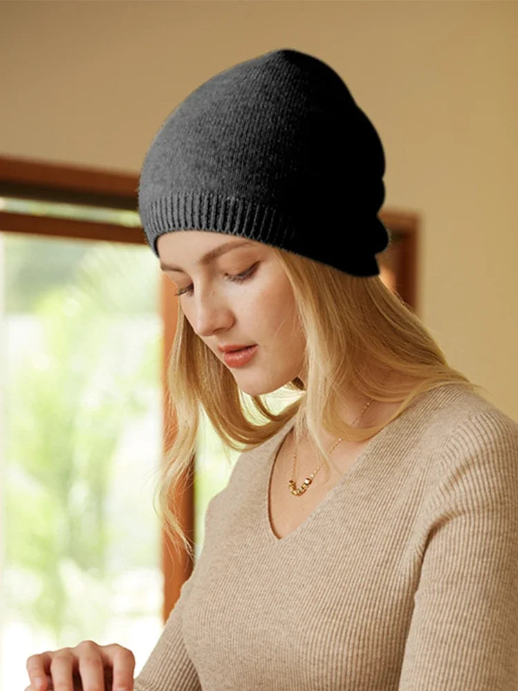 100% Cashmere Beanies Ribbed Hem Women Unibody Caps Knit to Shape Hat Autumn Winter Basic Real Cashmere Warm Hair Bonnet 2023