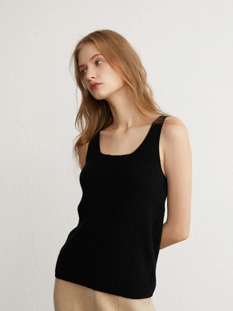 Ribbed Tanks 100% Baby Cashmere Elastic Tank Top Cami Square Neck Knit Camis Feminine All-Match Camisole