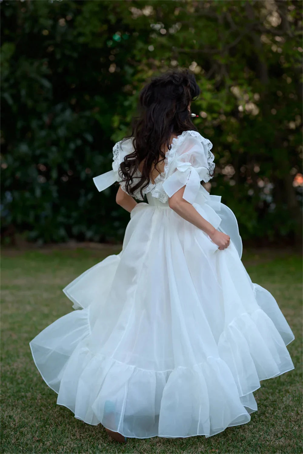 Sansa Organza White Puff Sleeve Dress, Sweet Edge Curl Organza Party Dresses Floor-length