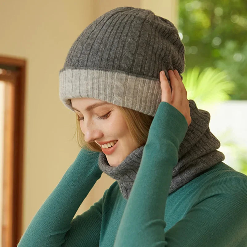 Women 100% Cashmere Tube Scarf Cable Knit Neck Warmer Ring Double Faced Thick Cap Reversible Knitted Beanies Winter 2-Pcs Set