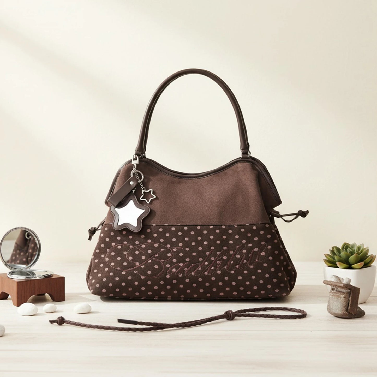 BadBlue Embroidered Leopard Print Tote Bag Large Capacity Shoulder Bag with Star Mirror Pendant Y2K Trendy Women Handbag