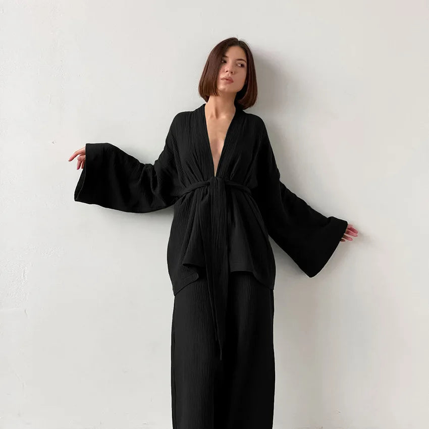 NHKDSASA Kimono Pajamas 2023 New 100% Cotton Crepe Long-Sleeved Trousers Ladies Sleepwear Suit Women's Home Service Mujer
