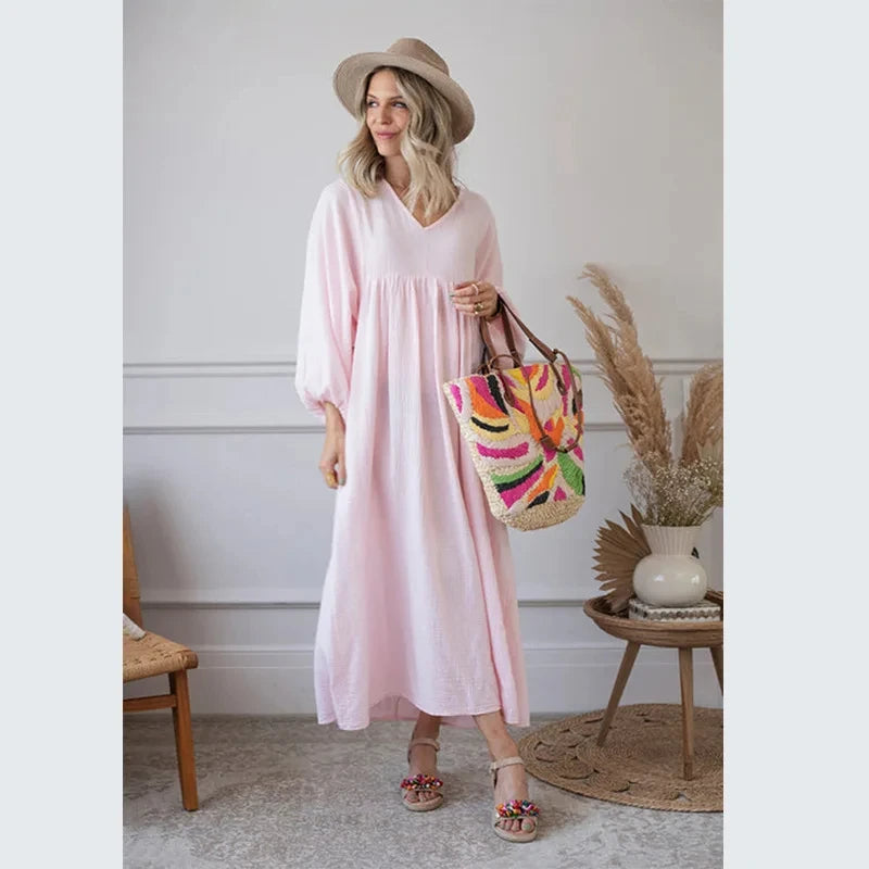 100% Cotton Gauze Muslin Night Dress For Women Sexy V-Neck Long Sleeve Maxi Party Birthday Dress Beach Boho Sundress