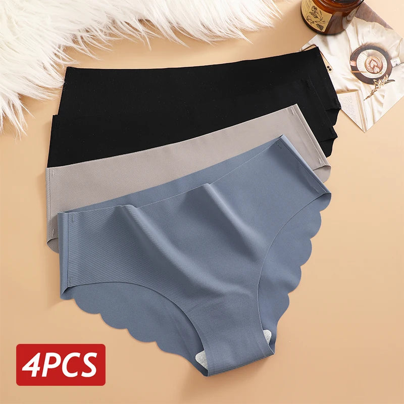 Seamless Panties 4PCS/Set Women's Briefs Solid Color Elastic Underwear Female Ultra Thin No Trace Wavy Side Panties