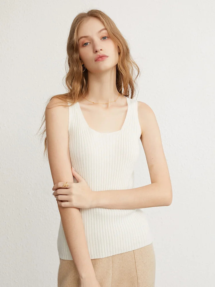 Ribbed Tanks 100% Baby Cashmere Elastic Tank Top Cami Square Neck Knit Camis Feminine All-Match Camisole