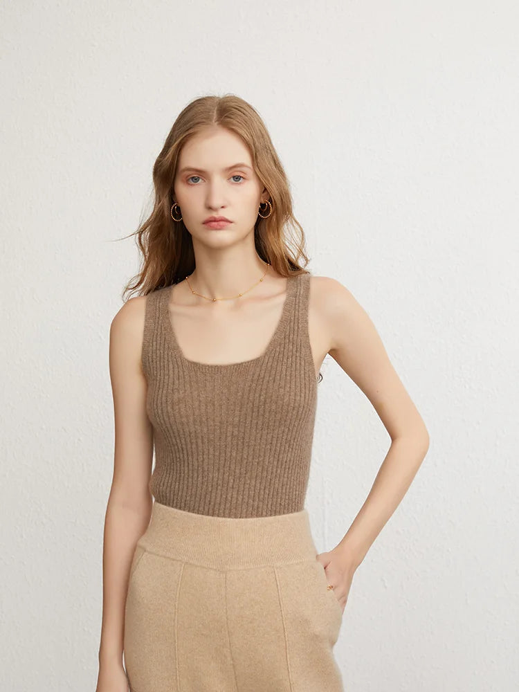 Ribbed Tanks 100% Baby Cashmere Elastic Tank Top Cami Square Neck Knit Camis Feminine All-Match Camisole