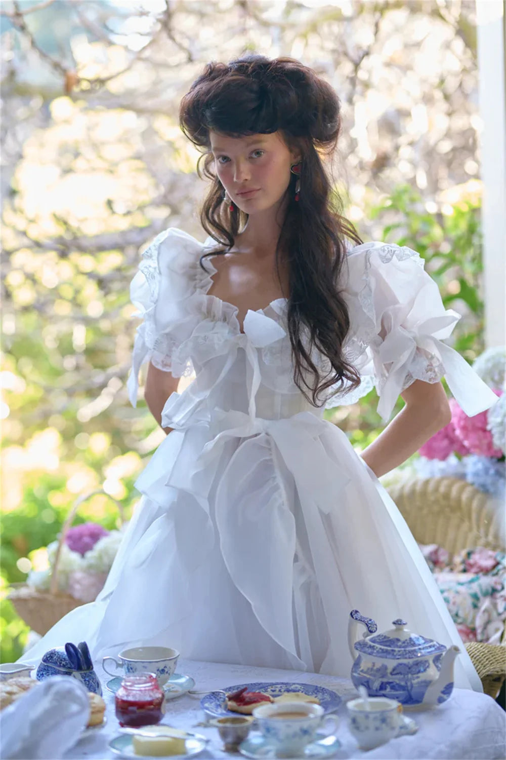 Sansa Organza White Puff Sleeve Dress, Sweet Edge Curl Organza Party Dresses Floor-length