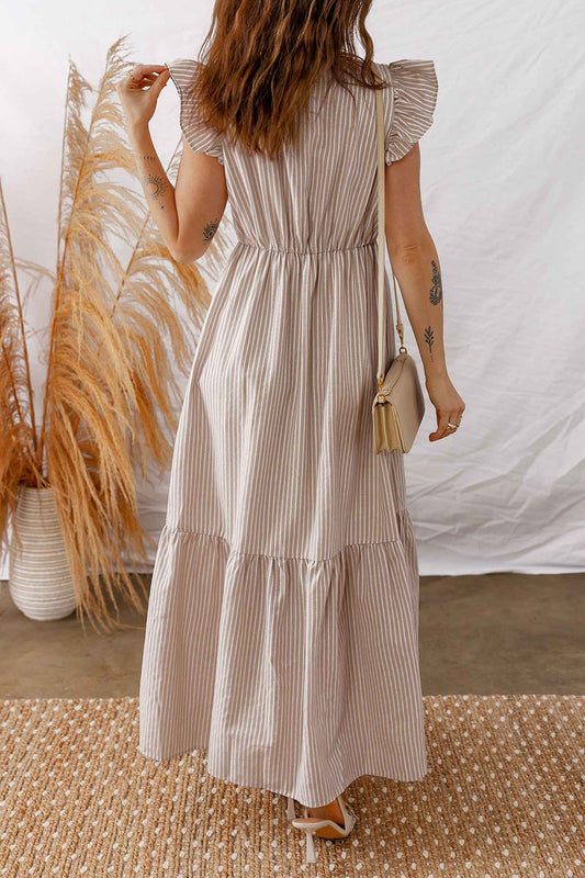 Khaki Stripe Flutter Sleeve Buttoned Front Slit Maxi Dress
