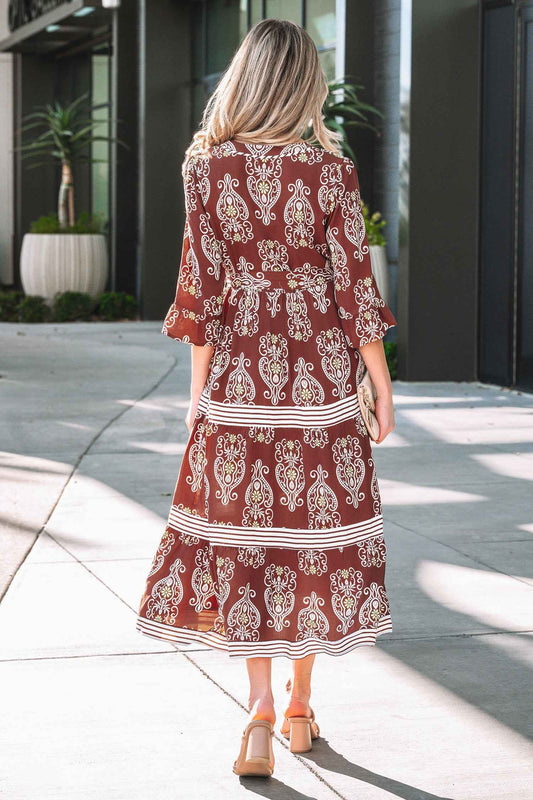 Brown Floral Print Belted Striped Trim Tiered Maxi Dress