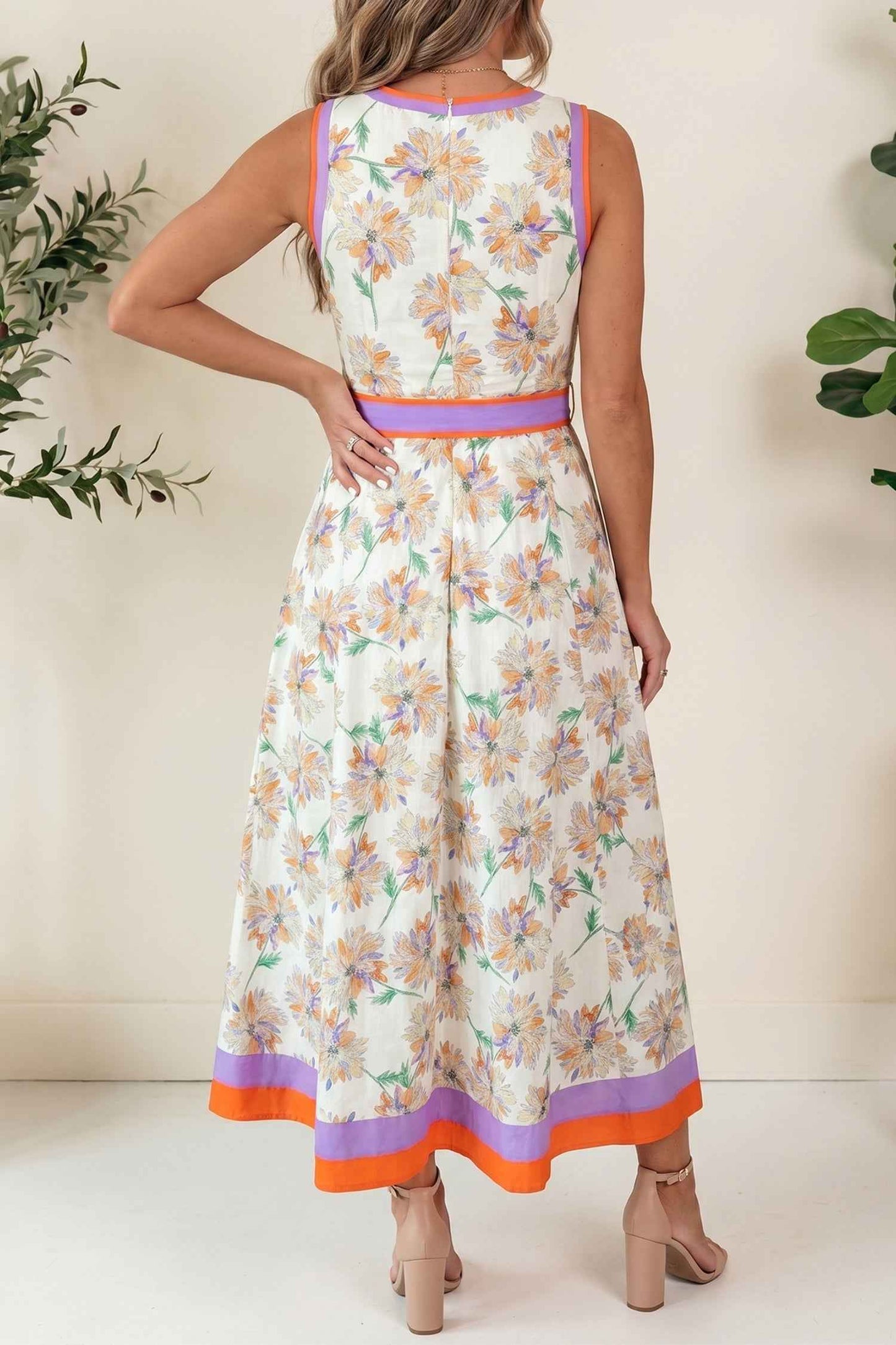 White Floral Print Color Block Trim Belted Sleeveless Maxi Dress