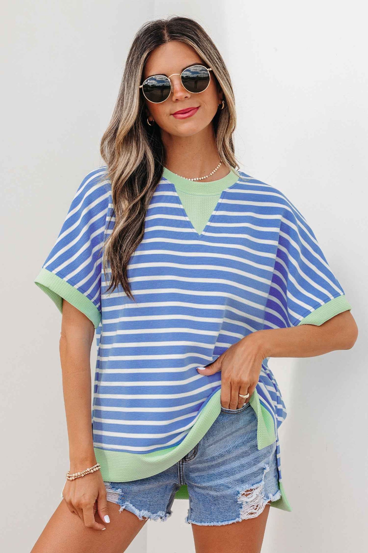 Sky Blue Stripe Contrast Trim Loose Short Sleeve Top