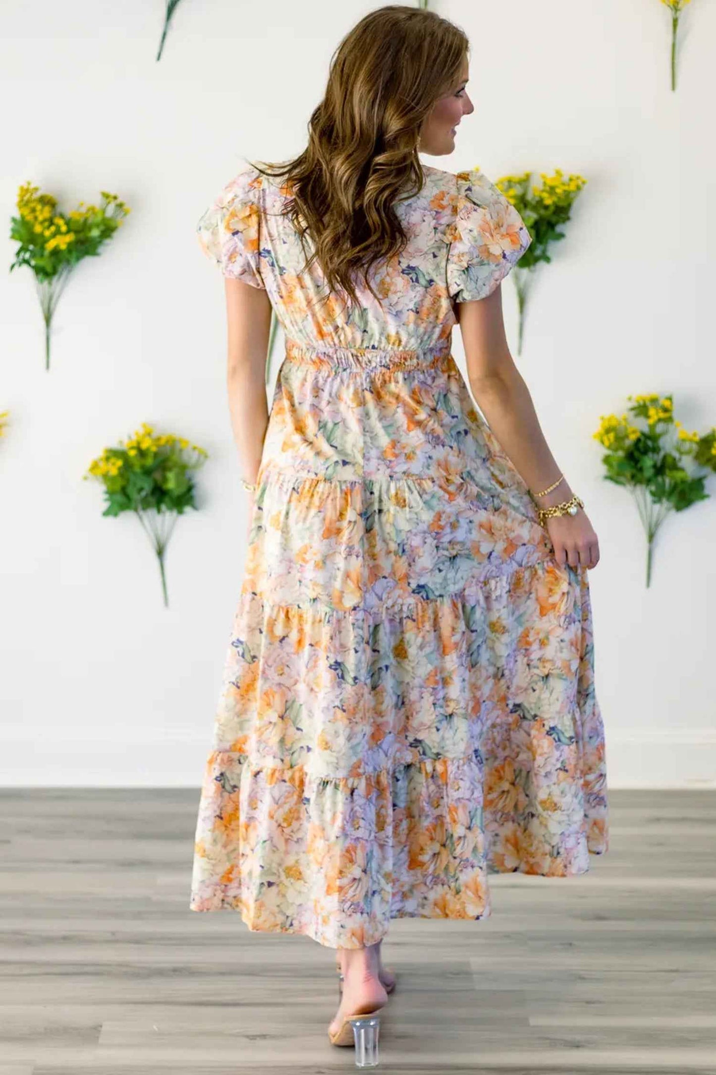 Orange Floral Bubble Sleeve V Neck Flared Maxi Dress